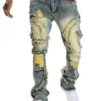 2025 New European and American men's casual jeans, street punk fashion, retro, ripped hole, slightly flared tassel elastic jeans