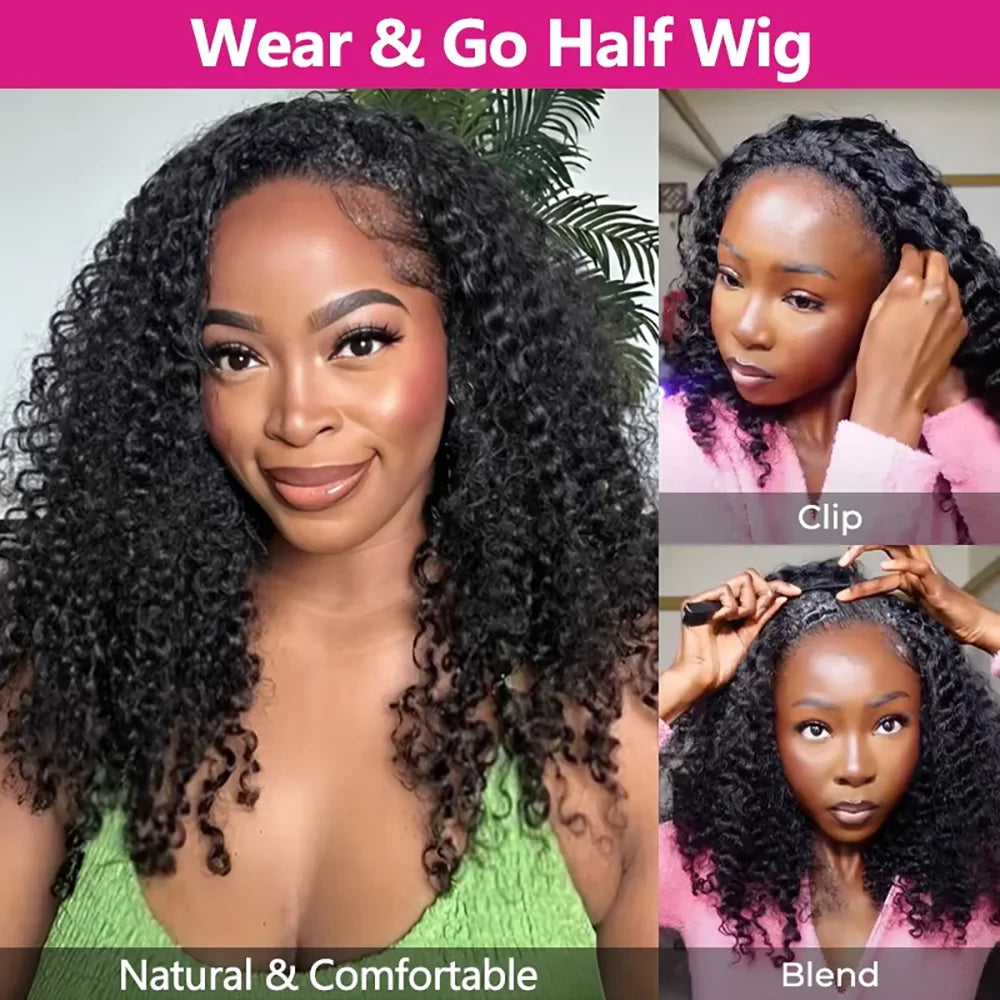 3 IN 1 Half Wig Human Hair 220 Density Deep Wave Wig Human Hair Ready to Wear 3 IN 1 Half Wig With Drawstring Half Wig