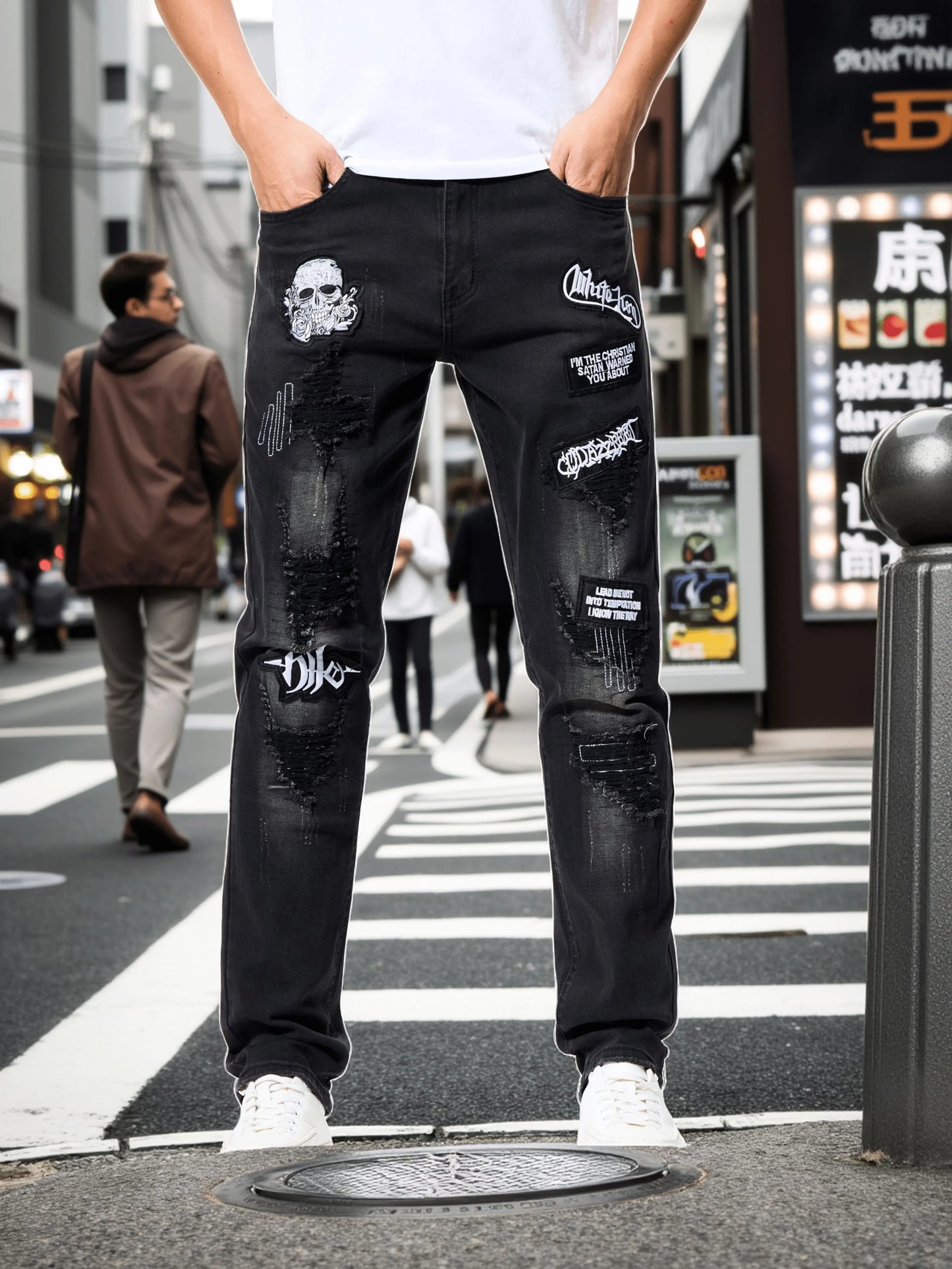 European and American new washed hole Zhangzai trendy fashion jeans