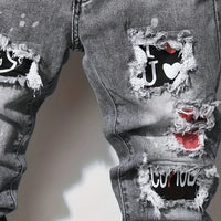 Men's slim fit ripped long denim pants, tight jeans with pockets, side straps, and zippers, men's jogging pants, ripped stretch