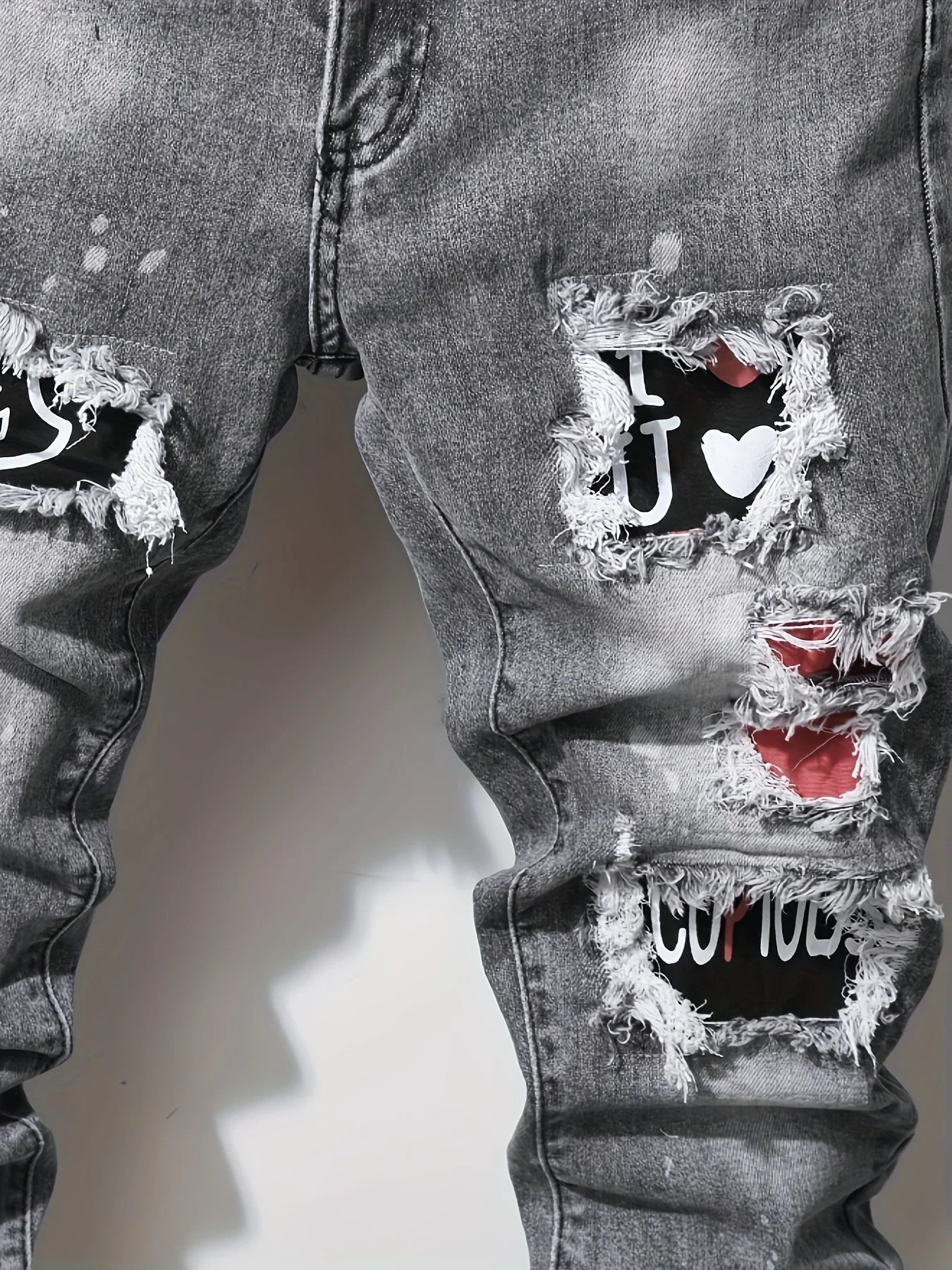 Men's slim fit ripped long denim pants, tight jeans with pockets, side straps, and zippers, men's jogging pants, ripped stretch