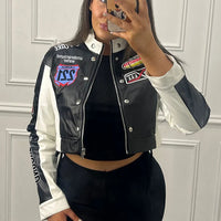 Cutenew Panelled Feather Women Coats New Letter Print Patchwork Buttons Full Sleeve Zip-up Crop Jackets Female Street Outwear
