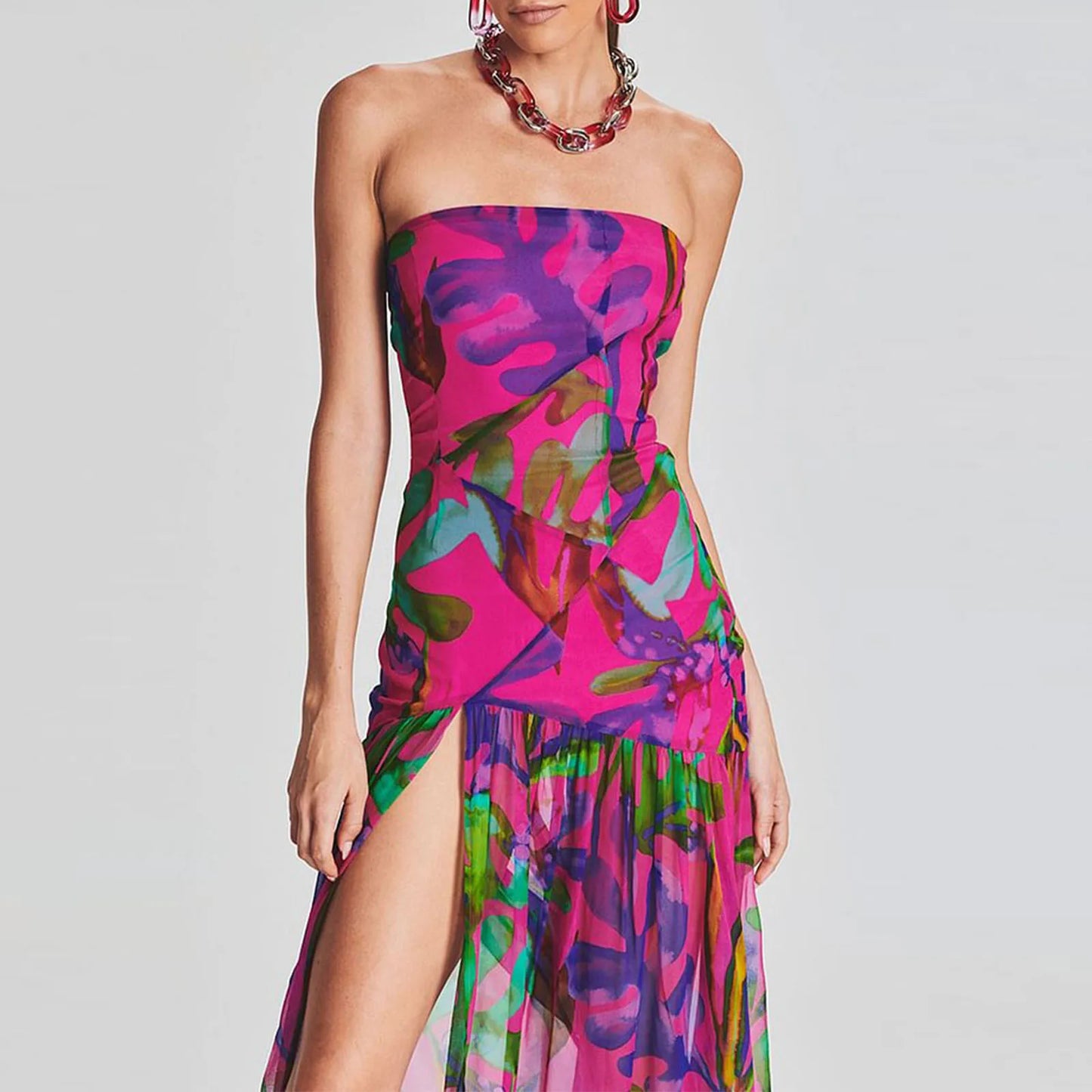 Women Fashion Summer Bohemian Sleeveless Maxi Dress Floral Print Mesh Bodycon Split Dresses Causal Beach Holiday Sundress