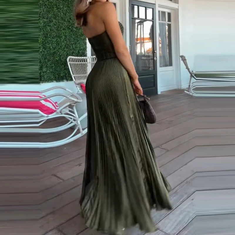 Backless Solid Color Zipper Women's Banquet Occasion Slim Fit Dress Host Program Strapless Pleated Long Dresses 2025 New Summer