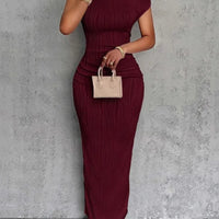Fashion Water Ripple Slanted Shoulder Dress Women's Elegant And Simple Solid Color A-line Collar Mid-waist Sexy Hip Wrap Skirt