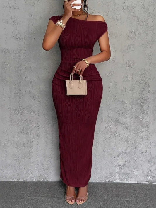 Fashion Water Ripple Slanted Shoulder Dress Women's Elegant And Simple Solid Color A-line Collar Mid-waist Sexy Hip Wrap Skirt
