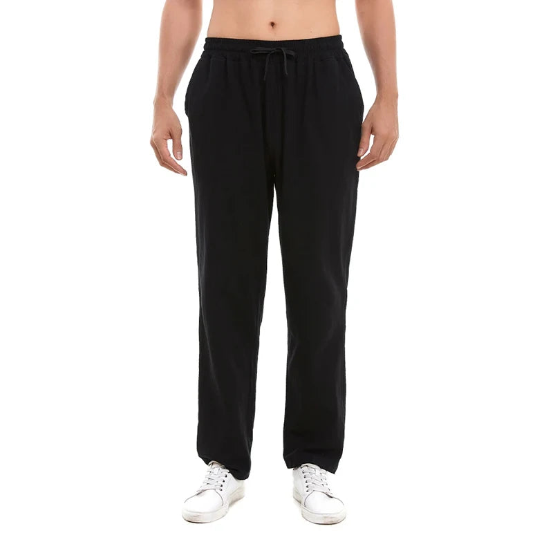 New Men's Cotton Pants Summer Breathable Trousers Solid Color Sweatpants Loose Fitness Lightweight Streetwear