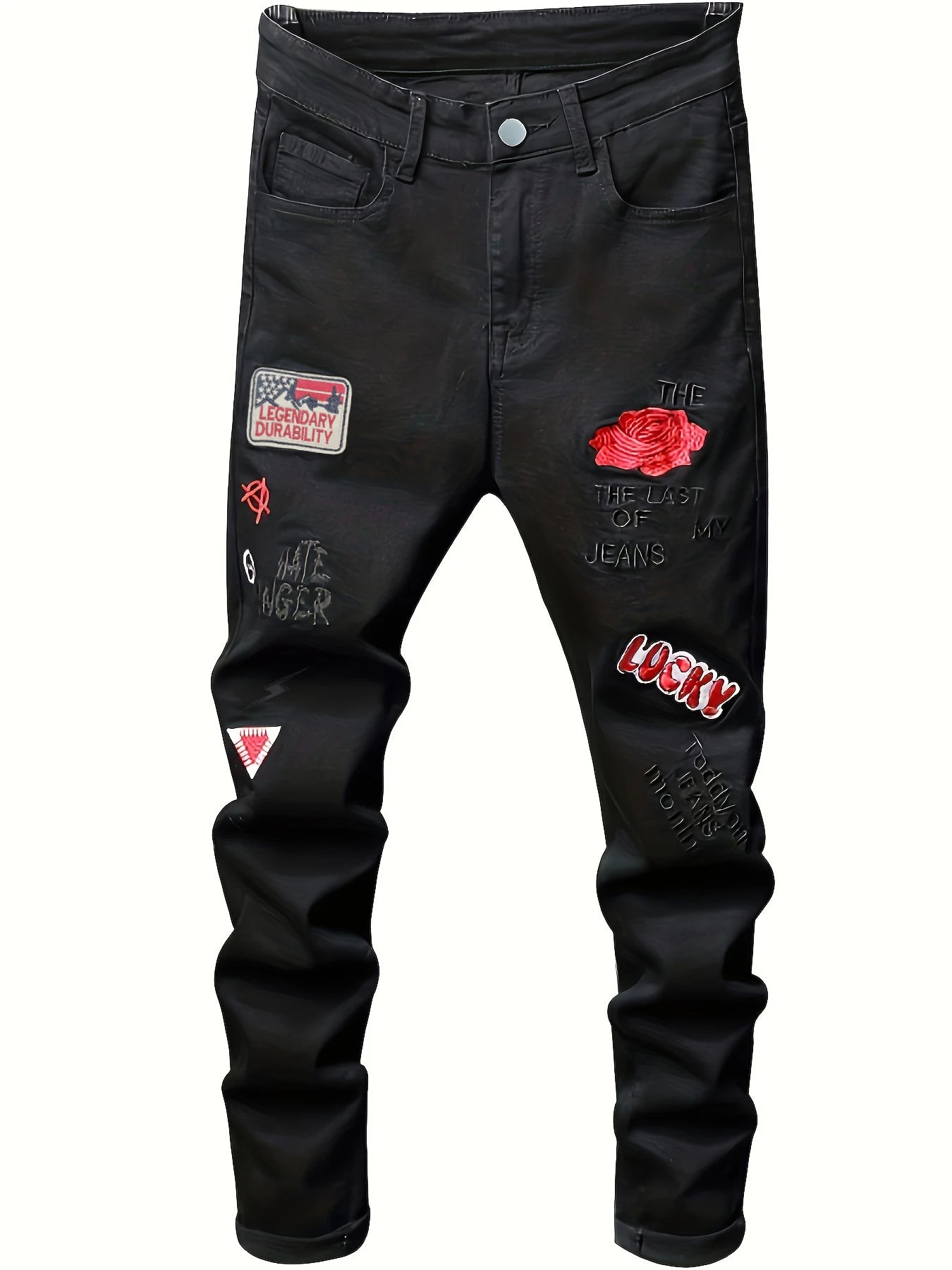 Men's slim fit jeans embroidered elastic straight leg denim pants