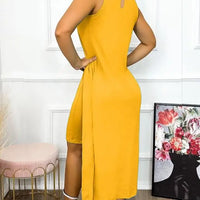 Dresses for Women 2023 Summer Fashion Keyhole Neck Sleeveless Cutout O-Ring Decor Slit Asymmetrical Casual Dress Clothing