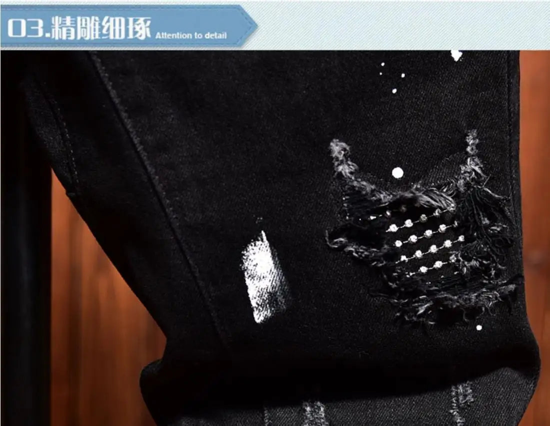 Fashion Trendy Slim Denim Jeans Men Distressed Ripped Holes Patches Spring Autumn Casual Design Korean Luxury Clothing Trousers