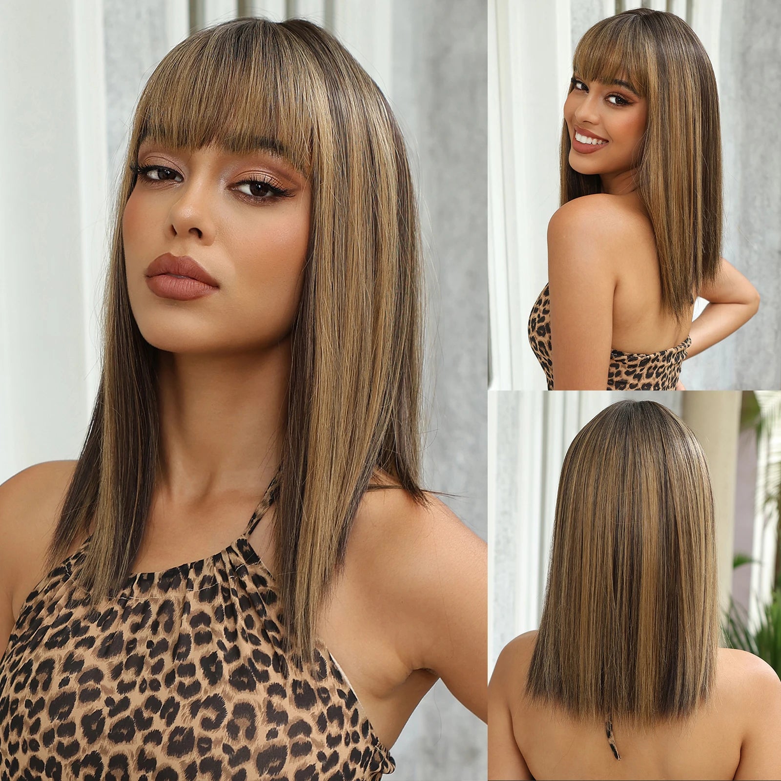 Light Brown Synthetic Wigs with Bangs Straight Shoulder Length Chocolate Brown Wig for Black White Women Heat Resistant Daily