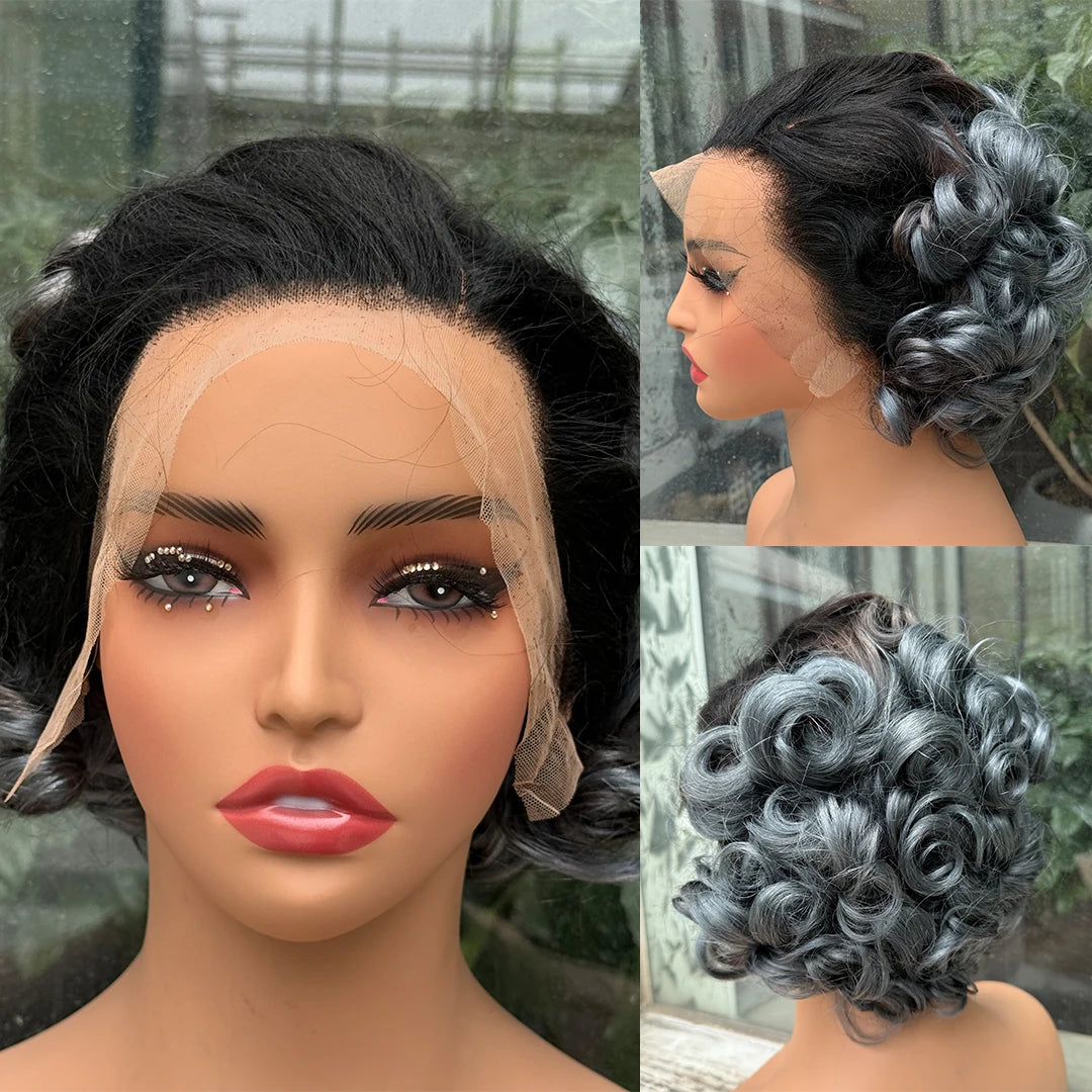 613# Pixie Cut Wigs Human Hair Loose Wave Curly Wig 13x4 Lace Front Human Hair Wig  260% Density 8Inch for Black Women