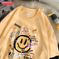 Summer Cotton Women T-Shirts Fun Graffiti Cute Smiling Face Prints Tees Breathable Loose O-Neck Casual Street Female Clothes