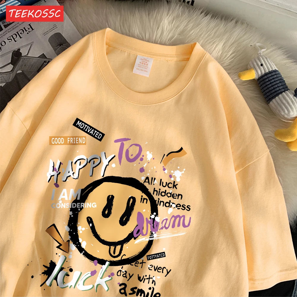 Summer Cotton Women T-Shirts Fun Graffiti Cute Smiling Face Prints Tees Breathable Loose O-Neck Casual Street Female Clothes