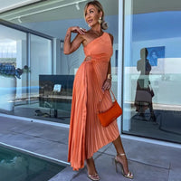 Ardm Elegant Oblique Shoulder Pleated Asymmetric Summer Dresses For Women 2023 Sexy Backelss Hollow Out Party Maxi Dress Vestido