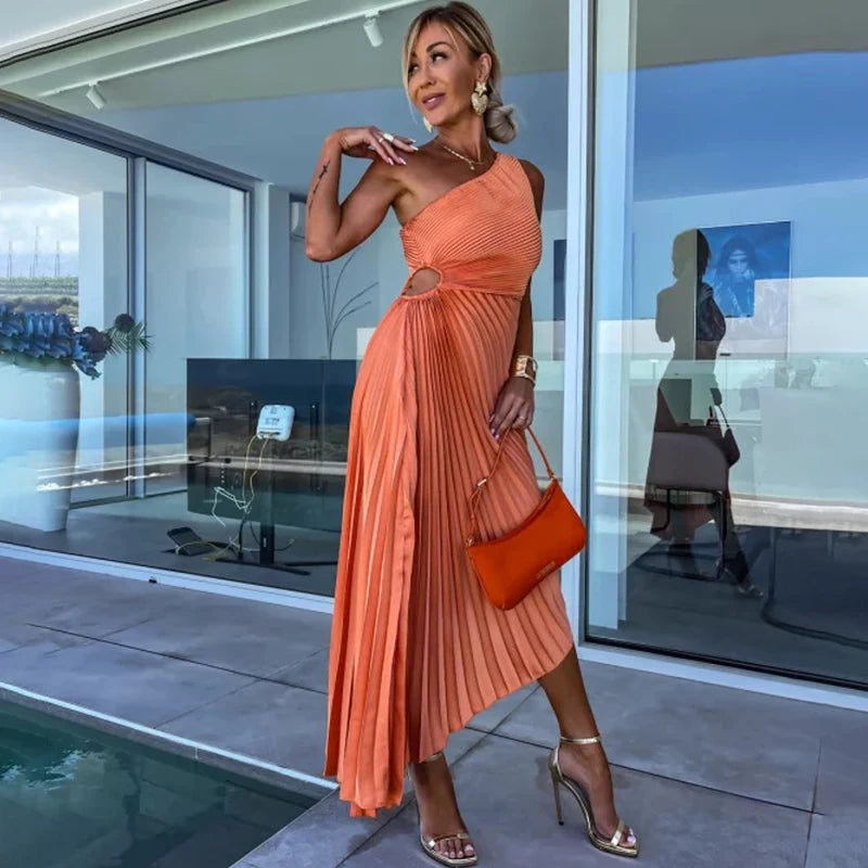 Ardm Elegant Oblique Shoulder Pleated Asymmetric Summer Dresses For Women 2023 Sexy Backelss Hollow Out Party Maxi Dress Vestido