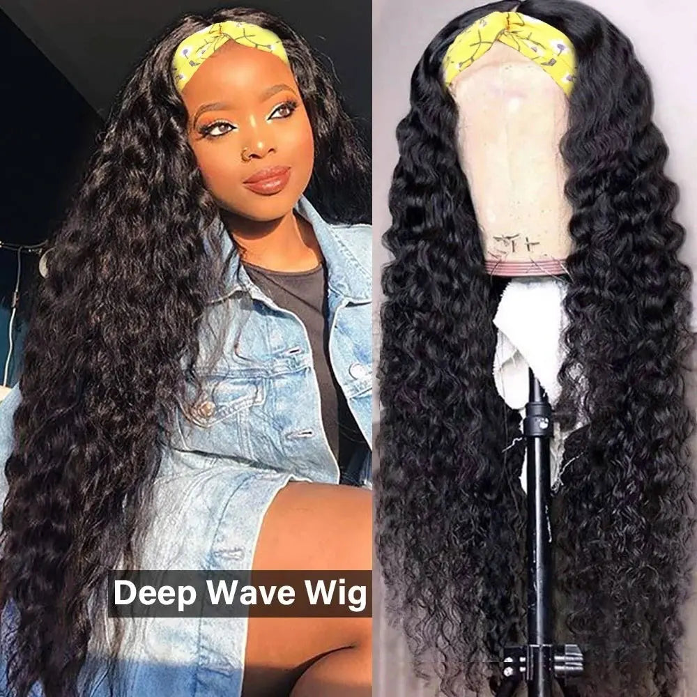 Headband Wig Human Hair Deep Wave Wig 250% Straight Body Wave Human Hair Wigs Half Kinky Cury Wig Brazilian Ready To Wear Wig