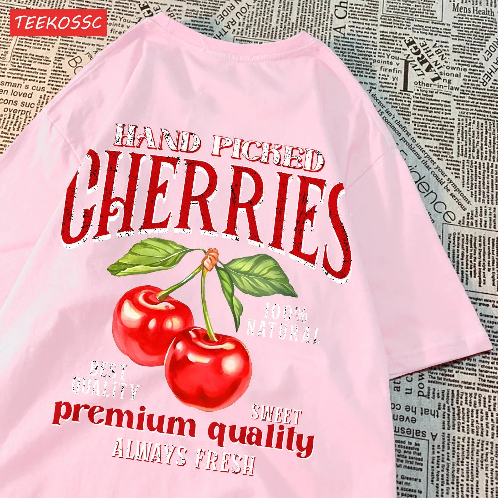 Summer Lemon Cherries Prints T-Shirts Cotton Women's Tops Oversize O-Neck Soft Short Sleeve tees Street Casual Womans Clothes