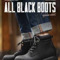 Maden Men's Versatile Black Boots Plush Lining Warmth Shoes Retro Non-Slip Thick Sole Work Boots Outdoor Casual Mid-Calf Boots