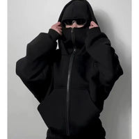 women's Men's and Balaclava Y2K Gothic Harajuku winter new item double hooded sweatshirt men's hooded mask zipper sportswear