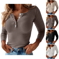 Women'S Button Color V-Neck Long Sleeve T-Shirt Top Blouse Tee Solid Color Sexy Slim Spring Autumn Lady Button Knit Top Women So