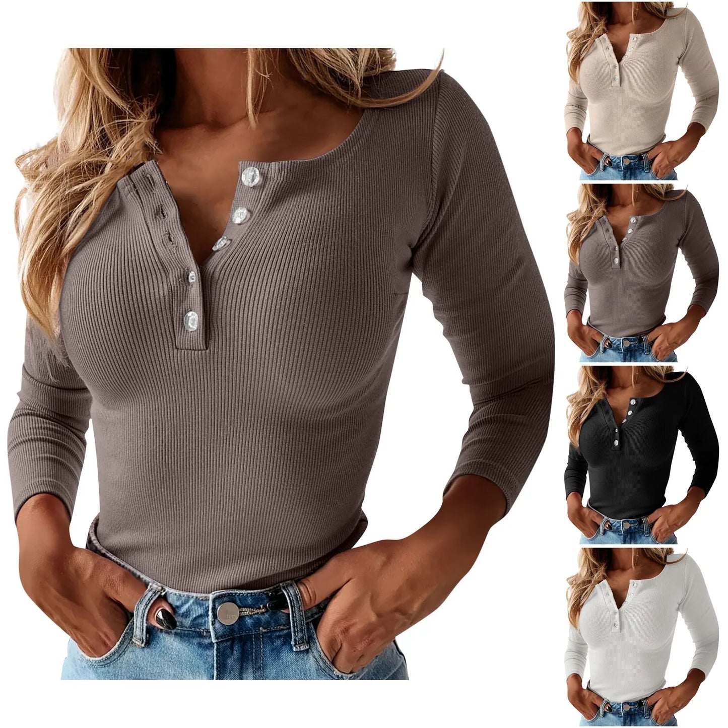 Women'S Button Color V-Neck Long Sleeve T-Shirt Top Blouse Tee Solid Color Sexy Slim Spring Autumn Lady Button Knit Top Women So