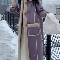 2025 Autumn Winter Women's Simple and Chic Long Coat with Button Design Lamb Wool Collar, Versatile and Stylish for Casual Wear