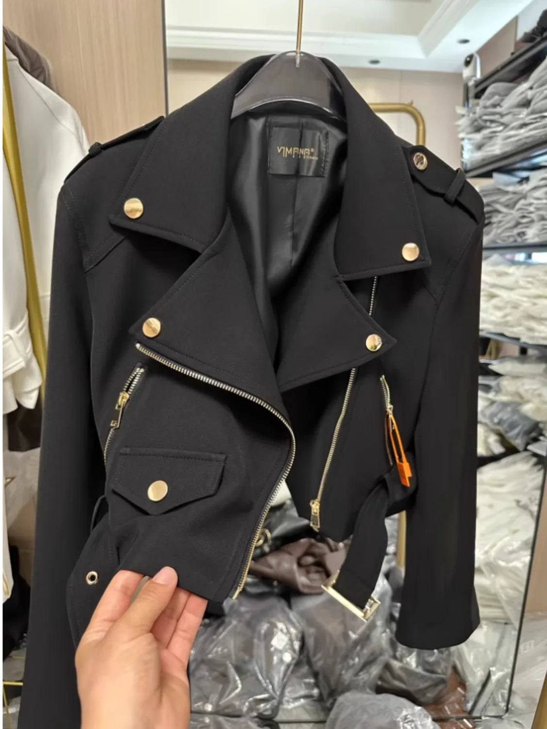 Korean version of the long-sleeved motorcycle jacket jacket women's spring and autumn new fashion temperament Joker suit collar