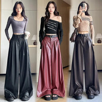 High Waist Wide Leg PU Leather Pants Women's Suit Casual Floor Length Trousers Autumn Winter New Style Loose Fit Long Pants