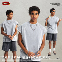 ZODF Trendy Summer Men Batik Washed 275gsm Cotton Tank Tops Unisex Oversized Loose Edge Sleeveless Vests Brand Tees HY1036