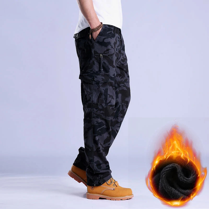 Autumn Winter Mens Cargo Pants Fleece Warm Trousers Cotton Pants Insulated Hiking Running Pants Man Multiple Pockets
