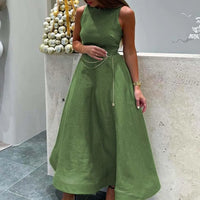 Oymimi Elegant Green Cotton Women's Dress Fashion O-Neck Sleeveless Dresses Casual New High Waist A-Line Mid-Calf Dresses Female