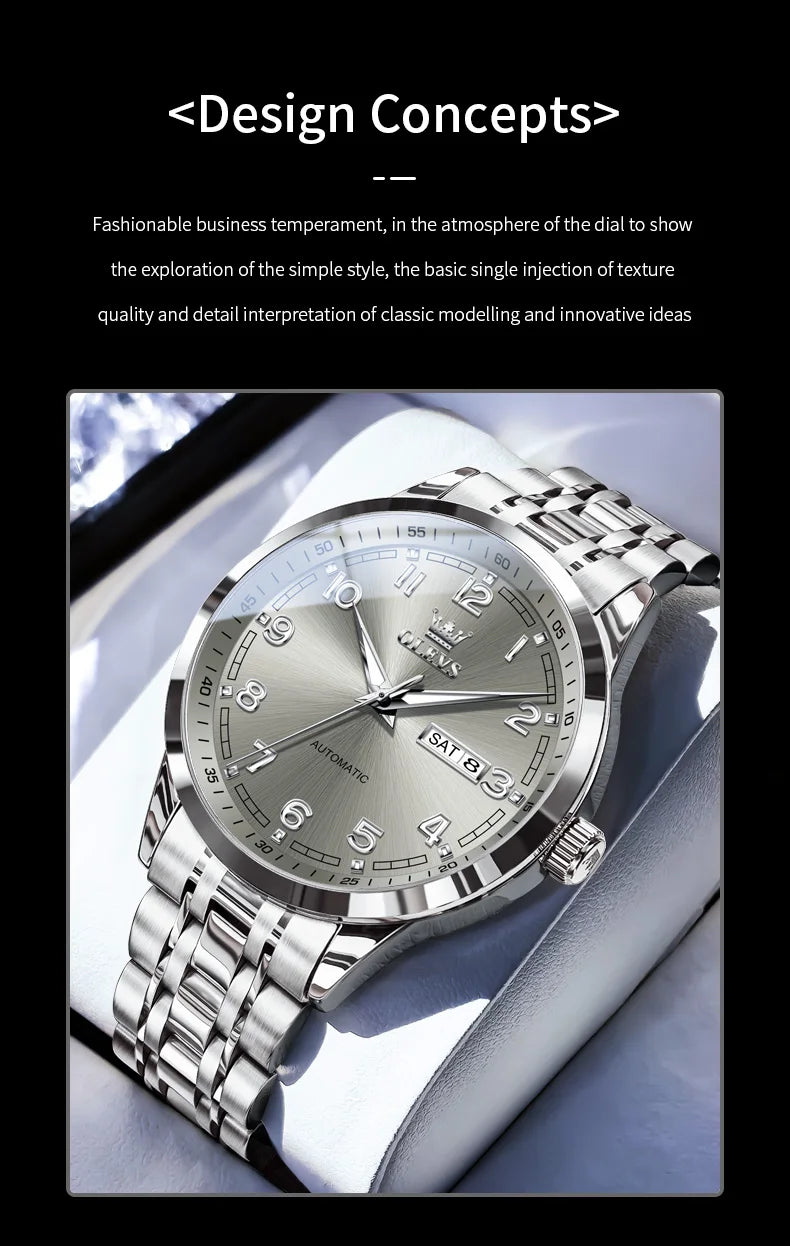 OLEVS Men Watches 7077 Luxury Fashion Top Brand Original Automatic Mechanical Watch for Man Double Scale Simple Trend Waterproof