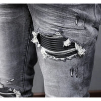 Designer Fashion New High Quality Black Grey Jeans Elastic Slimming Perforated Patch Washed Jeans High Street Hip Hop Brand Pant