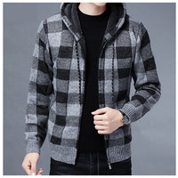 Men Sweater Jacket Fashion Winter Coat Fleece Hoodies High Quality Luxury Checkered Hooded Knit Cardigan Male Outer Wear