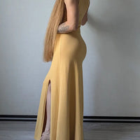 Knit Sleeveless Dresses For Women Long Elegant White High Slit Dress Bodycon Ladies Office Skinny Maxi Tank Rib Dress Female