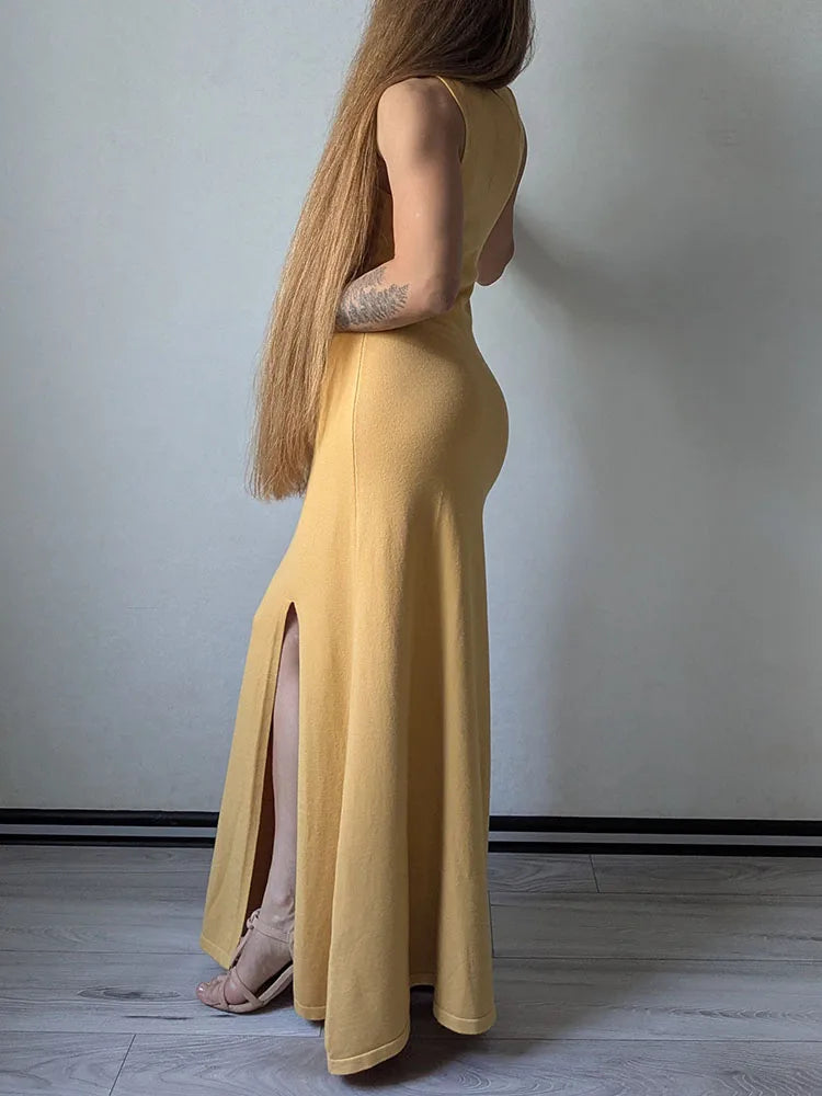 Knit Sleeveless Dresses For Women Long Elegant White High Slit Dress Bodycon Ladies Office Skinny Maxi Tank Rib Dress Female