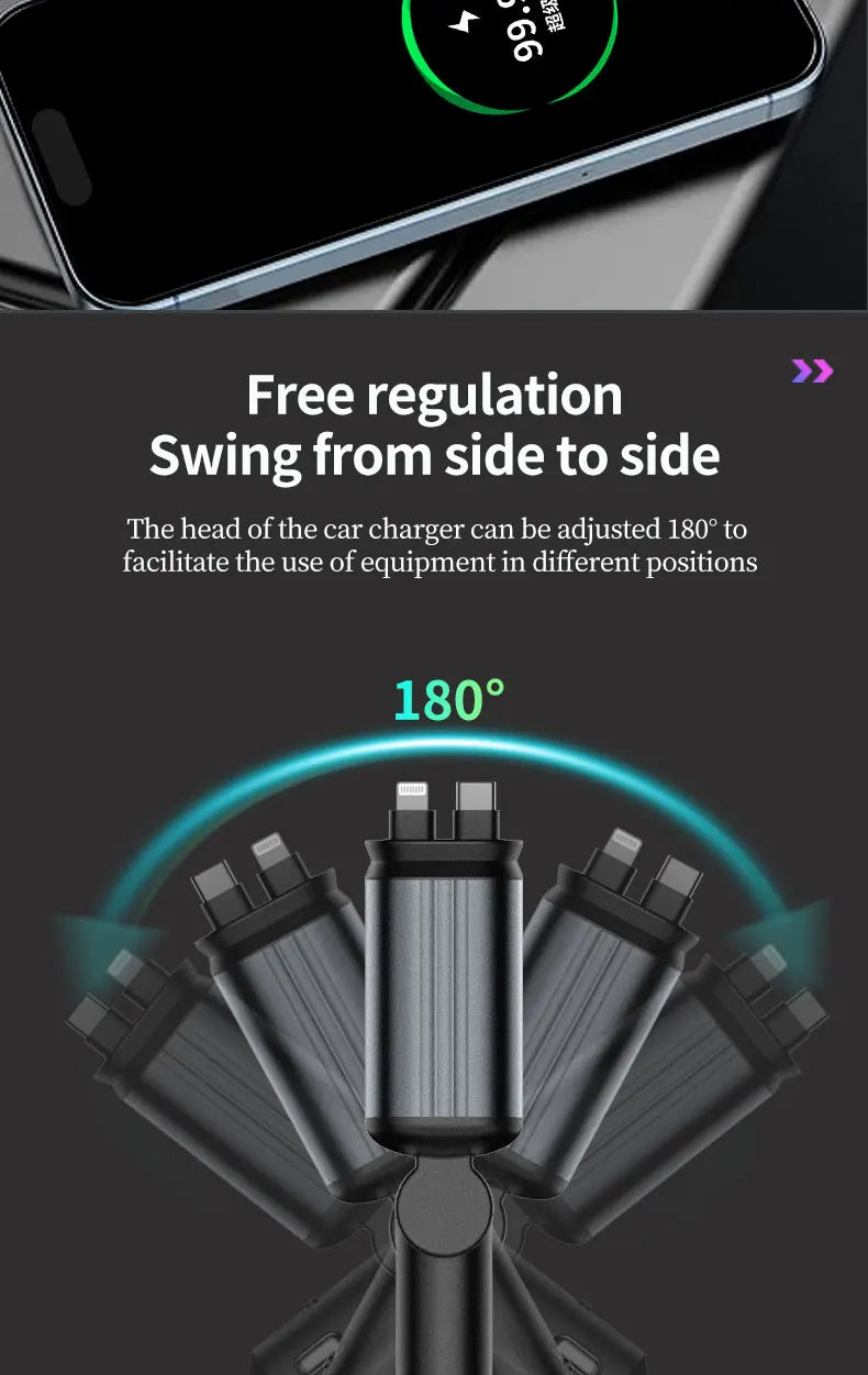 5-in-1 180W Car Fast Charger USB Type-C Power Adapter Retractable Phone Charger With Roof Starlight For IOS Android Phones