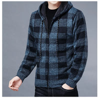 Men Sweater Jacket Fashion Winter Coat Fleece Hoodies High Quality Luxury Checkered Hooded Knit Cardigan Male Outer Wear