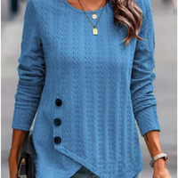 Women's Long Sleeve Round Neck Top Solid Color Button Jacquard T-Shirt Elegant Trend Autumn Top