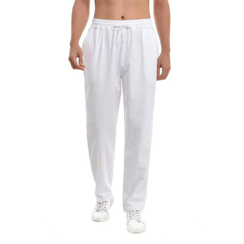 New Men's Cotton Pants Summer Breathable Trousers Solid Color Sweatpants Loose Fitness Lightweight Streetwear