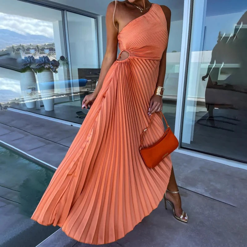 Ardm Elegant Oblique Shoulder Pleated Asymmetric Summer Dresses For Women 2023 Sexy Backelss Hollow Out Party Maxi Dress Vestido