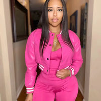 CM.YAYA Women Faux Leather Striped Side Baseball Single Breasted Jacket Winter Autumn INS Streetwear Active Outcoat