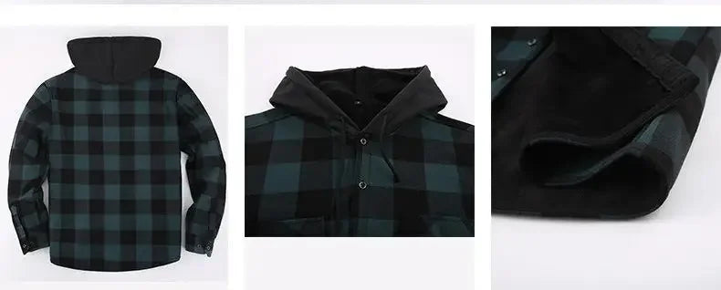 Plus Size Men's Hooded Plaid Shirt Warm Fleece Lined And Thickened Top Long Sleeve Outerwear For Autumn/Winter