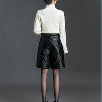 ZUZK  Warm Black PU Leather Thick Bermuda Shorts For Women Winter  Knee Length Shorts Motorcycle Punk High Waist Bermuda Femme