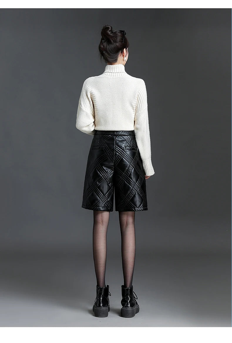 ZUZK  Warm Black PU Leather Thick Bermuda Shorts For Women Winter  Knee Length Shorts Motorcycle Punk High Waist Bermuda Femme
