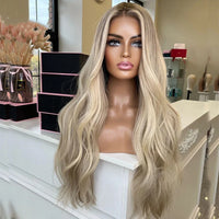Lace Wig Ombre Warm Blonde Highlights Synthetic Hair Wigs Invisible Lace with Light Brown Roots Slight Wavy