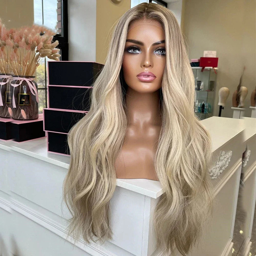 Lace Wig Ombre Warm Blonde Highlights Synthetic Hair Wigs Invisible Lace with Light Brown Roots Slight Wavy