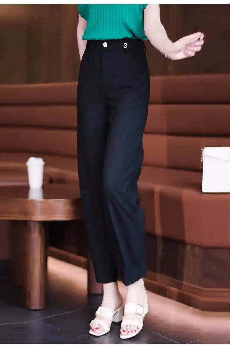 Nine-point Wide-leg Pants for Women in Summer Thin New High-waist Drooping Ice Silk Suit Women's Slim Straight Pants