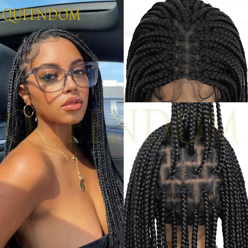 Synthetic 36 Inch Cornrow Braided Wigs for Black Women Full Lace Braids Wig Natural Black Knotless Box Wig Faux Locs Wig